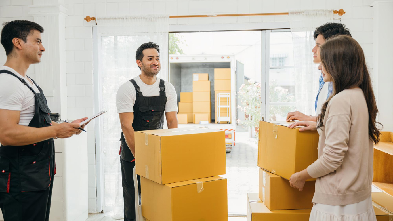 Movers handing packed boxes to homeowners during move-in – Easy Best Moves