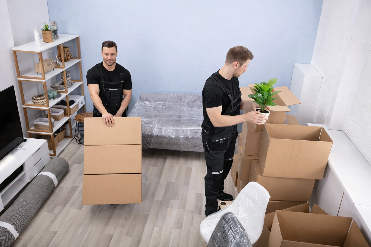 Apartment moving service inner image showing movers carrying boxes in apartment – Easy Best Move