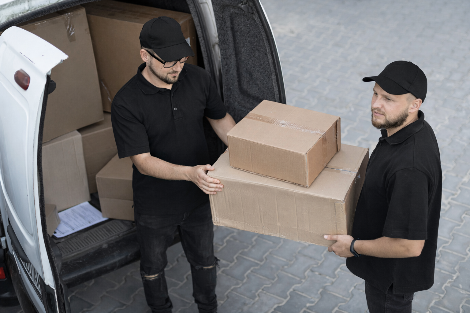 Professional movers unloading boxes from truck at apartment home – Easy Best Moves