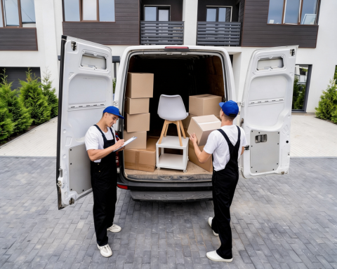 Furniture moving service video thumbnail showing movers wrapping a couch for safe transport – Easy Best Move