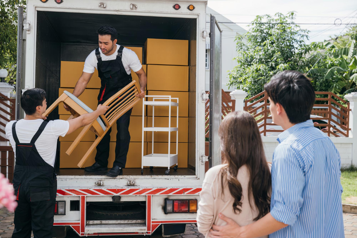 Local movers unloading furniture and boxes as homeowners watch – Easy Best Moves